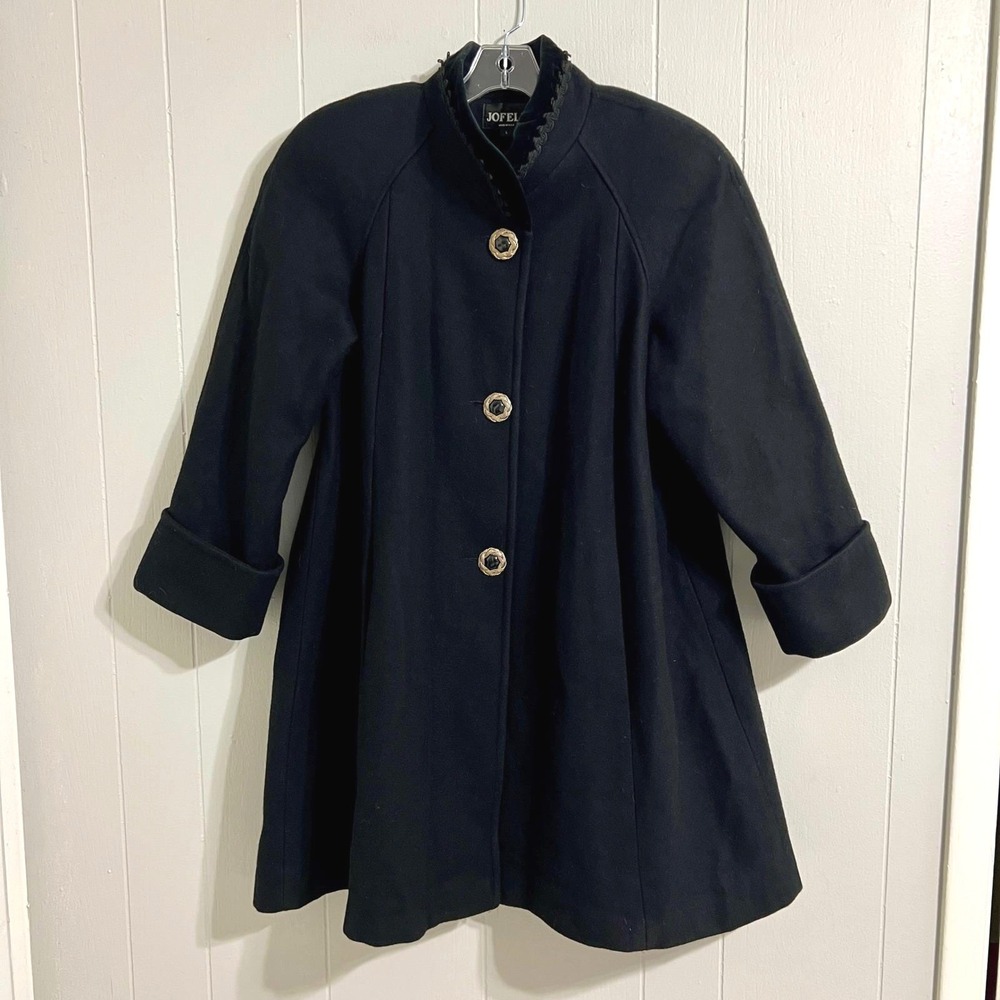 Jofeld Vintage Womens Wool Blend‎ Coat Velvet Trim Collar Big Buttons Size Large